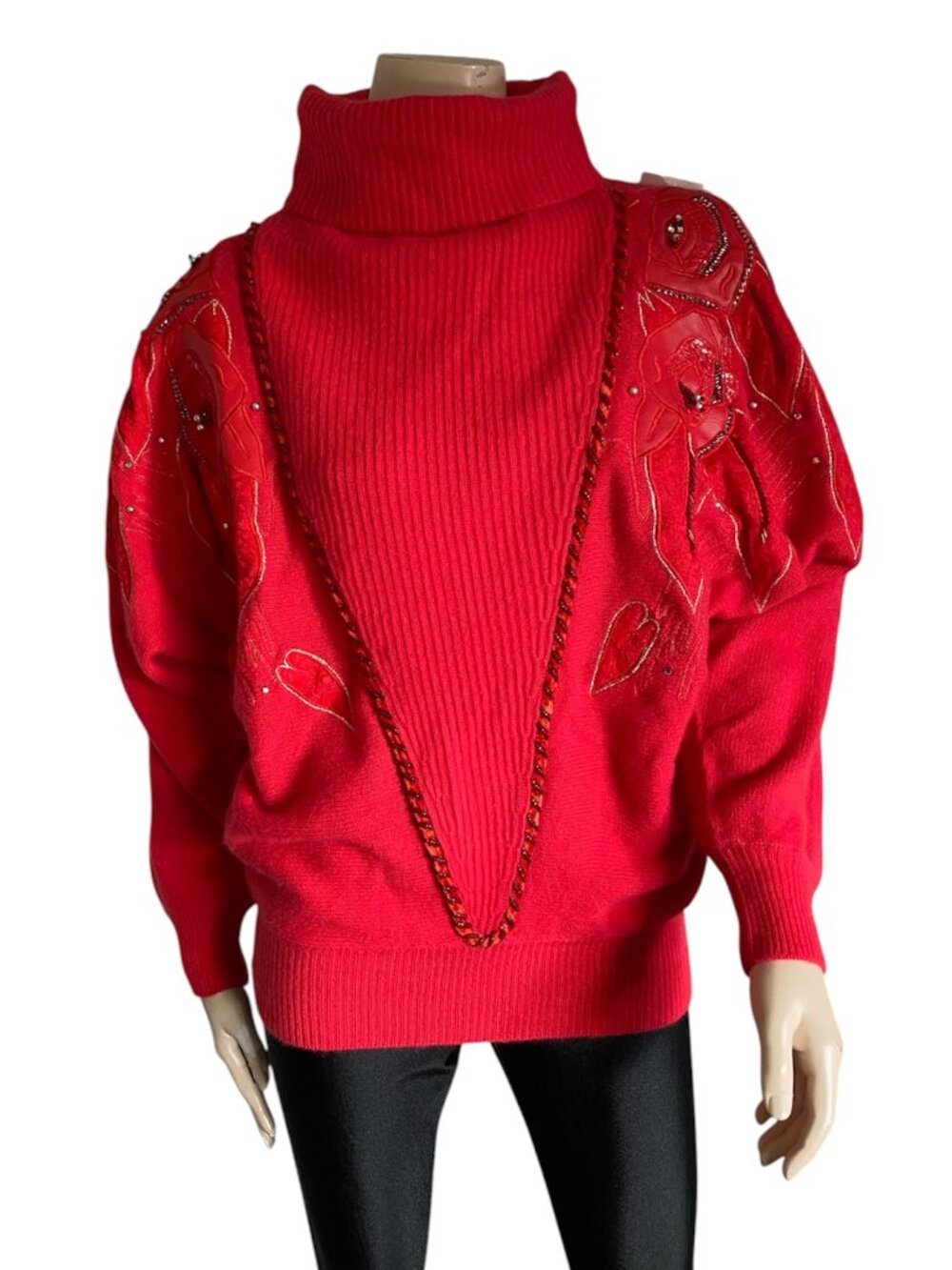 VTG 80s Miss Orly Angora Lamswool Beaded Leather Rose Turtleneck Sweater M NWT